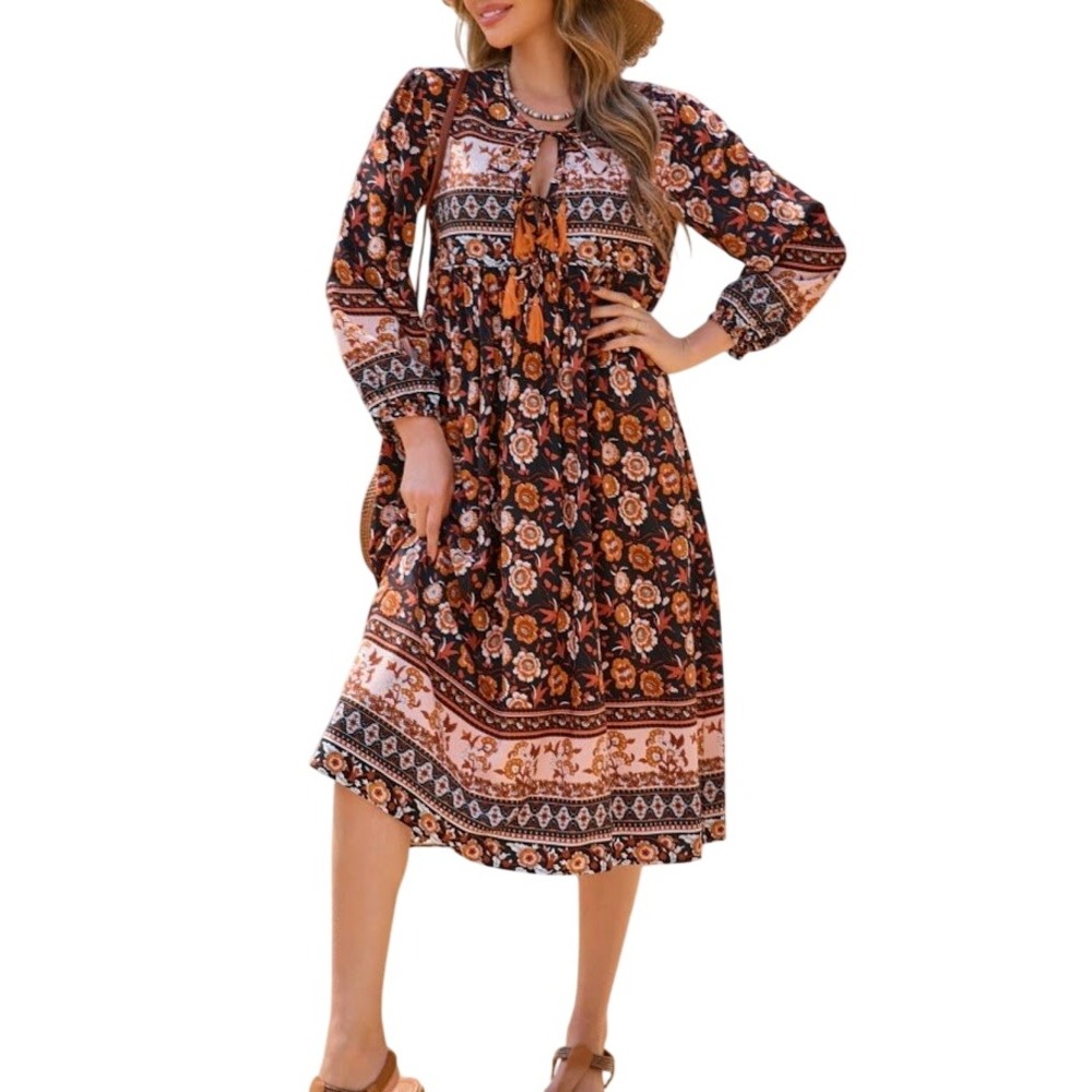 R.Vivimos Dress Women Black Orange Floral Boho Tassel Model 158 Size L 12-14